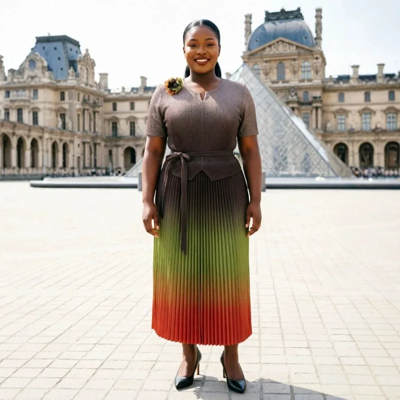 

Miyake Pleated Gradient Print Dresses Plisse 2026 Plus Size Dress Fashion Rainbow Print Waist Slimming Short Sleeve Long Dress