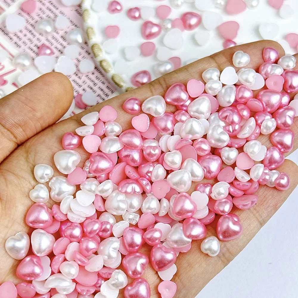 50PCS Mix Size Heart Pearl Nail Art Decorations 8mm 6mm Pink White Pearl Glossy Nail Charms for Manicure Accessories DIY Parts