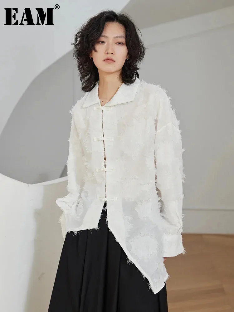 

[EAM] Women White Irregular Hem Feather Big Size Blouse New Lapel Long Sleeve Loose Fit Shirt Fashion Spring Autumn 2024 1DF3958