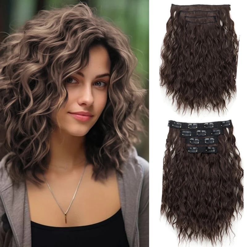 12 Inch Synthetic 4PCS Clip in Hair Extensions for Women  Short Curly Wavy Invisible Lace Weft Natural Soft Hairpieces