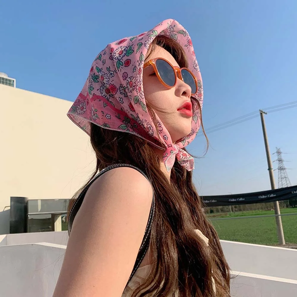 

Breathable Spring Silk Scarf Sweat-absorption Cotton Flower Printed Headscarf Light Quick-drying Square Hijab Scarf