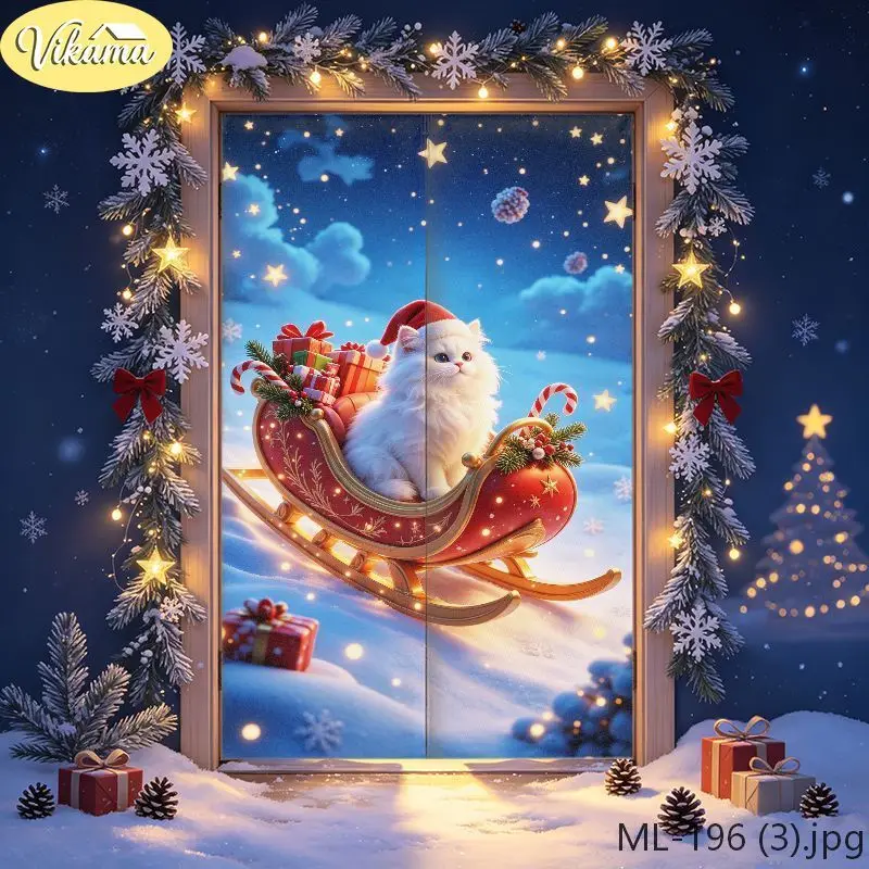 VIKAMA Christmas Wreath Santa Reindeer Gift Door Curtain Beige Background Garland Claus Elk Present Candy Cane Small Tree Soft