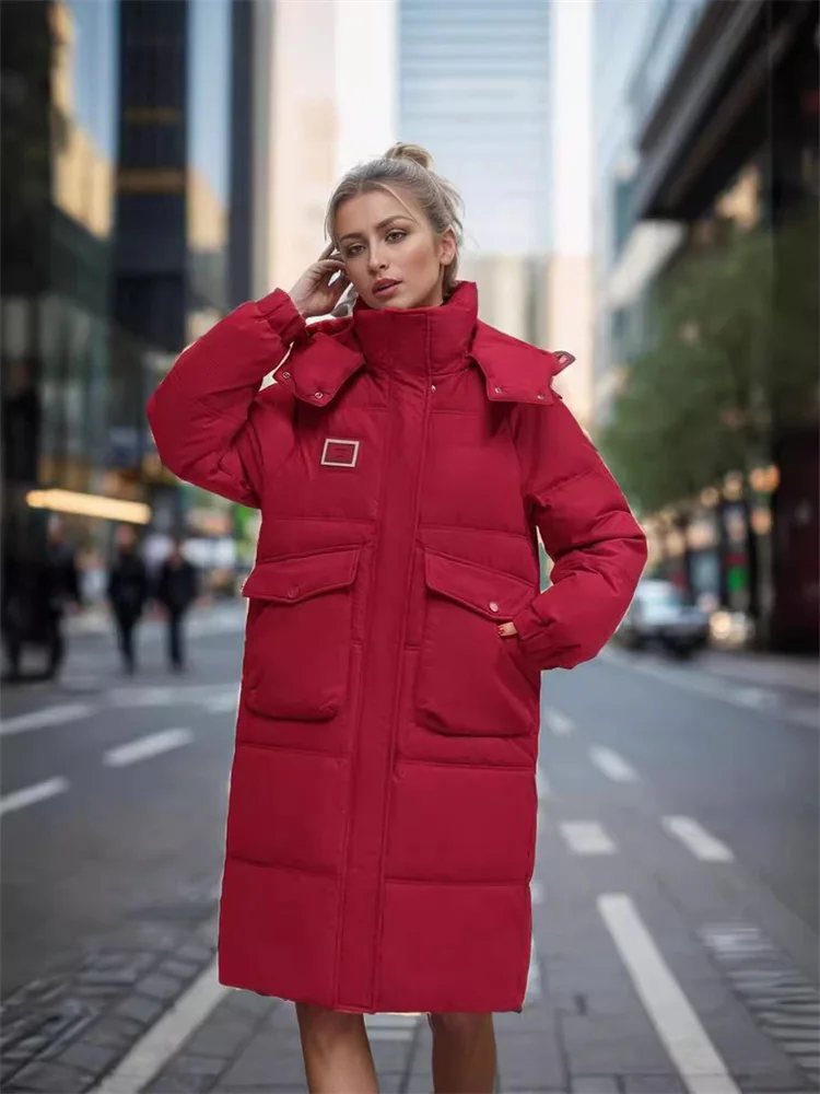 2024 Winter New Women\'s Puffer Jacket Solid Color Hooded The Korean Version Is Loose Long White Duck Down Is Thickened Warm Coat