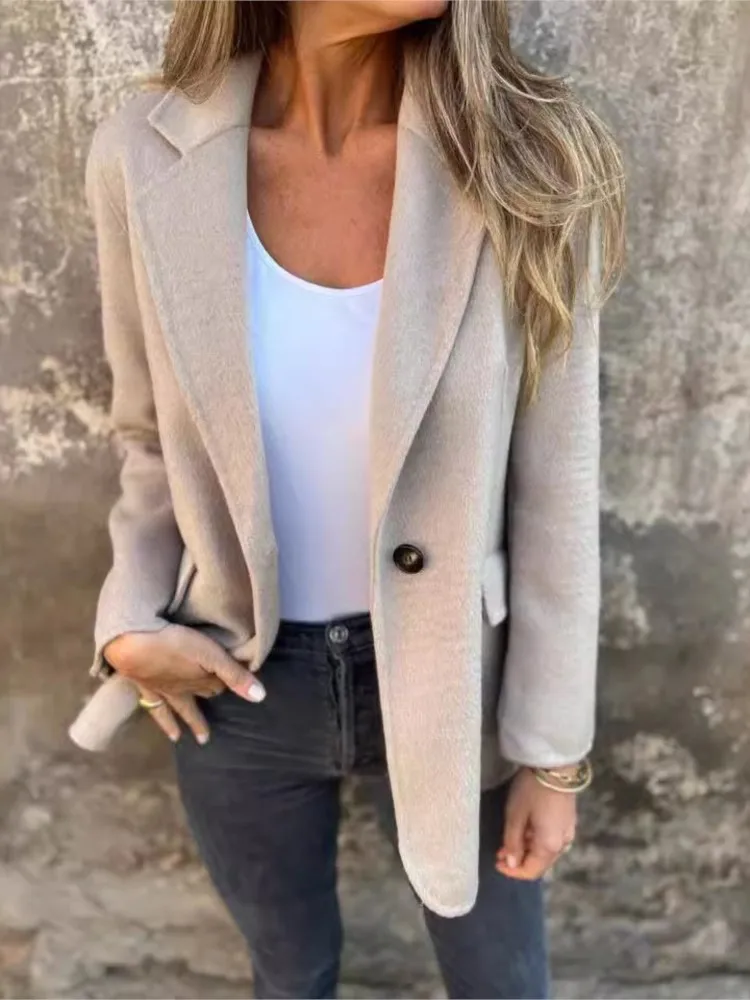 

Women's Elegant Style Simple Solid Color Long-sleeved Coat Autumn And Winter Casual Tweed Lapel Button Fake Pocket Suit Jacket