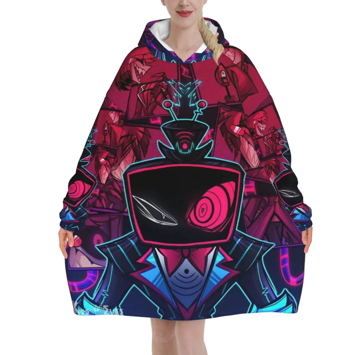 

Alastor Vox Hazbin Hotel Blanket Hoodie Wearable Blanket Oversize with Pocket Warm Sleeping Bag Soft Cozy Onesie