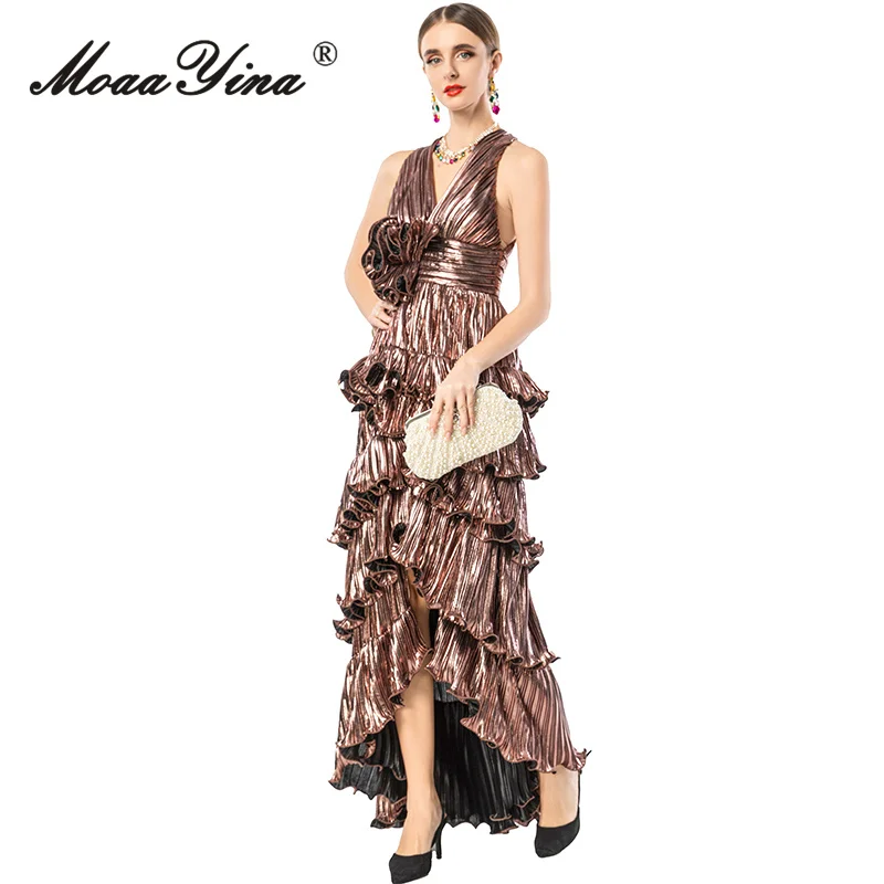 MoaaYina 2026 Spring Women's New Fashionable Light Luxury V-neck Sleeveless Backless Cross Shoulder Strap Waist Long Dress