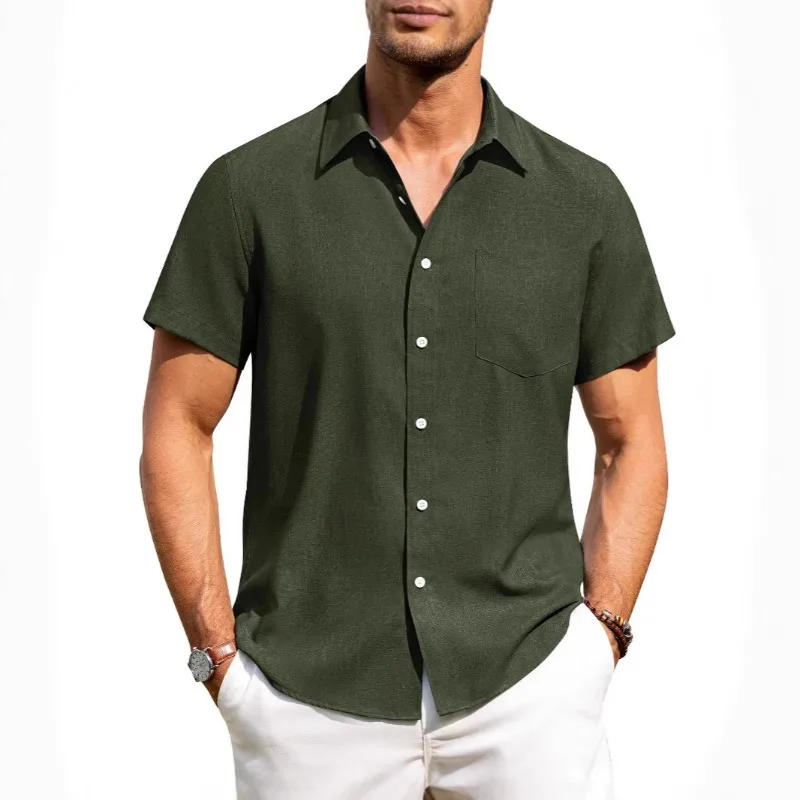 

Мужская рубашка с коротким рукавом и текстурной меланжевой отделкой, на пуговицах, с нагрудным карманом, повседневный летний топ