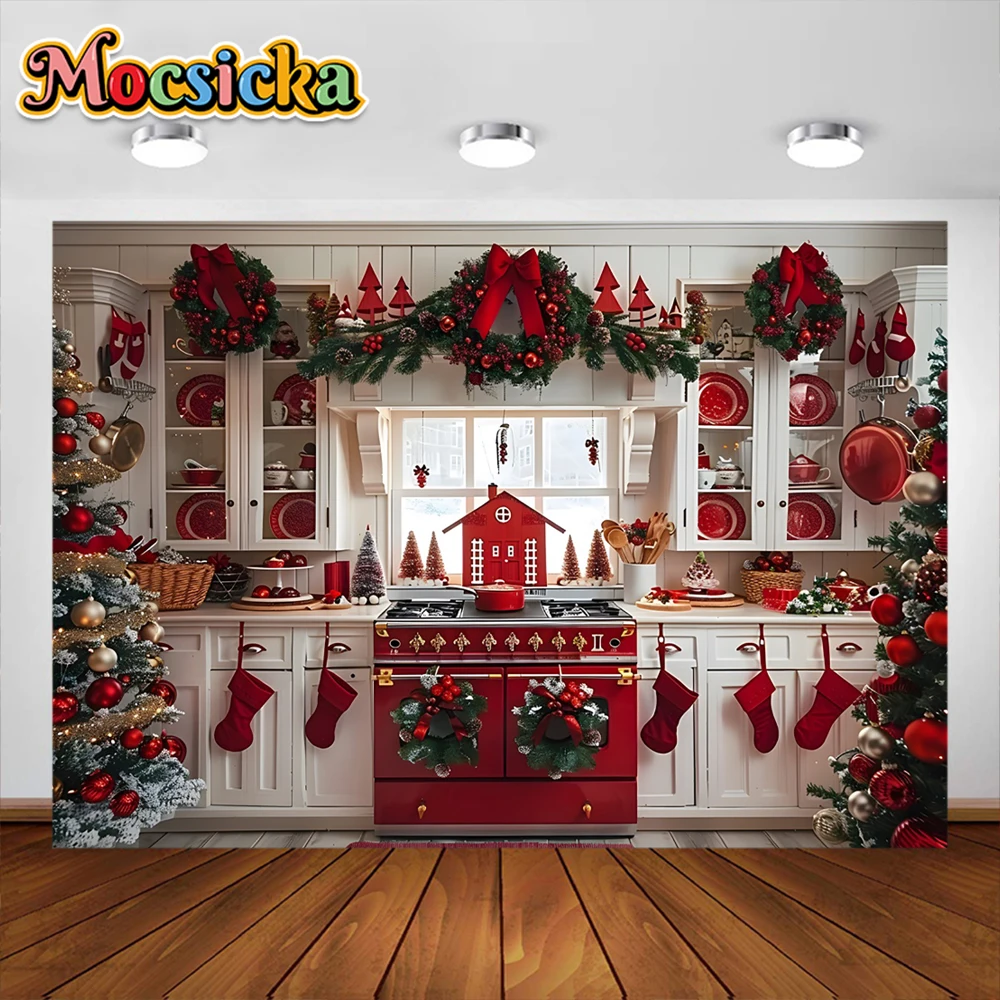 Mocsicka Christmas Kitchen Cabinets Photography Background Kid Children Portrait Party Decorations Backdrop Studio Banner