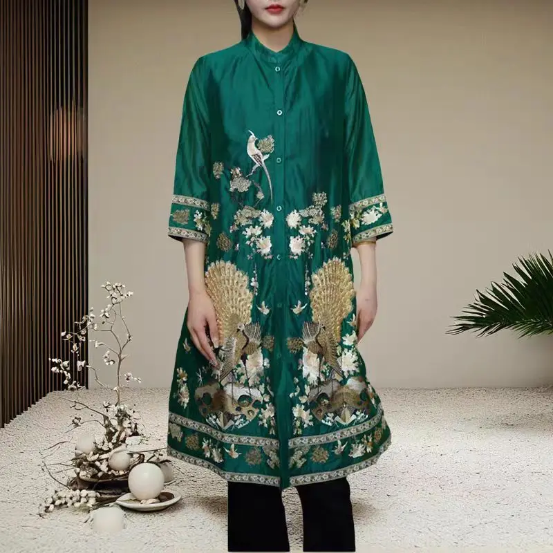 Spring And Summer New Chinese Style Stand Collar Single Breasted Seven Quarter Sleeve Peacock Embroidery Flower Long Coat M-XXL