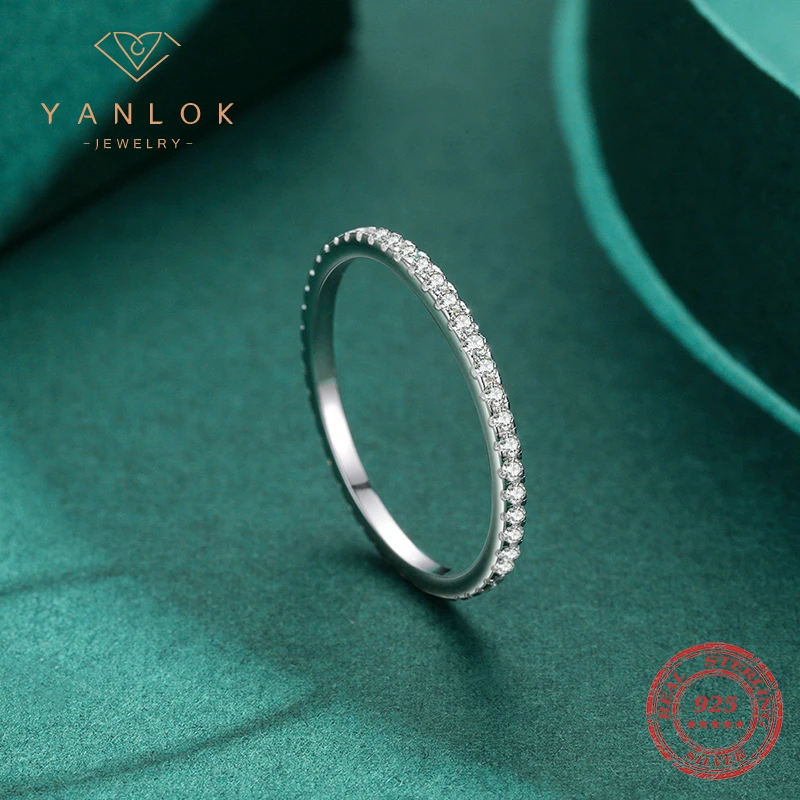 YANLOK, Plata de Ley 925, Zirconia negra, moda de oficina, anillo de circonia cúbica Simple para uso diario para mujer, joyería fina llamativa