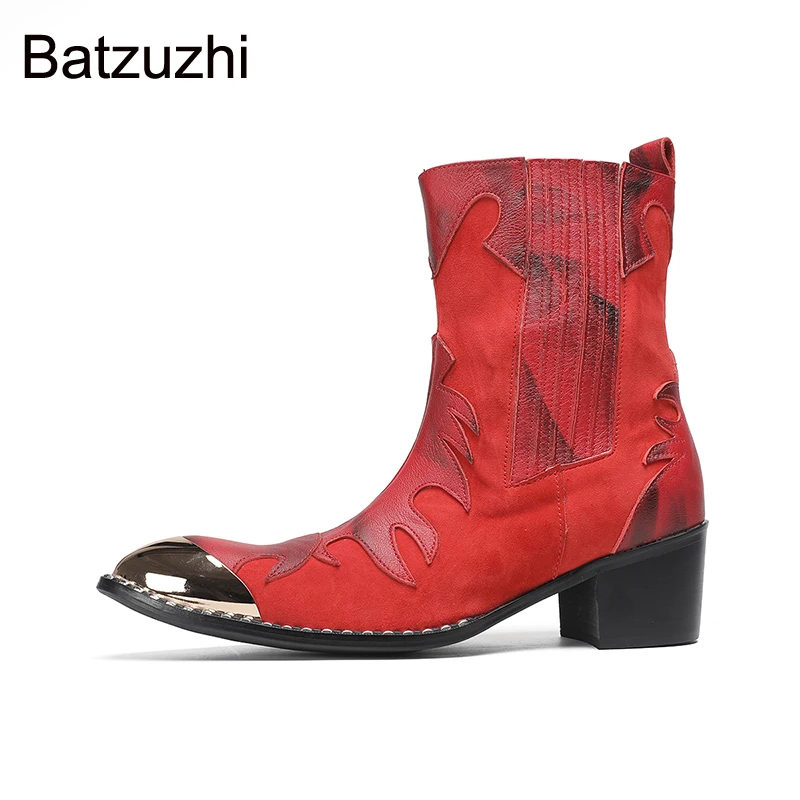 Batzuzhi 6.5cm High Heels Men's Shoes Boots Mid-calf Red Leather Ankle Boots Man Pointed Toe Leather Boots for Man view 6
