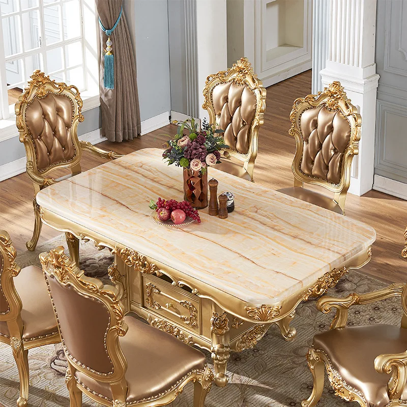 

European marble dining table and chair combination rectangular solid wood luxury gold carved western dining table villa