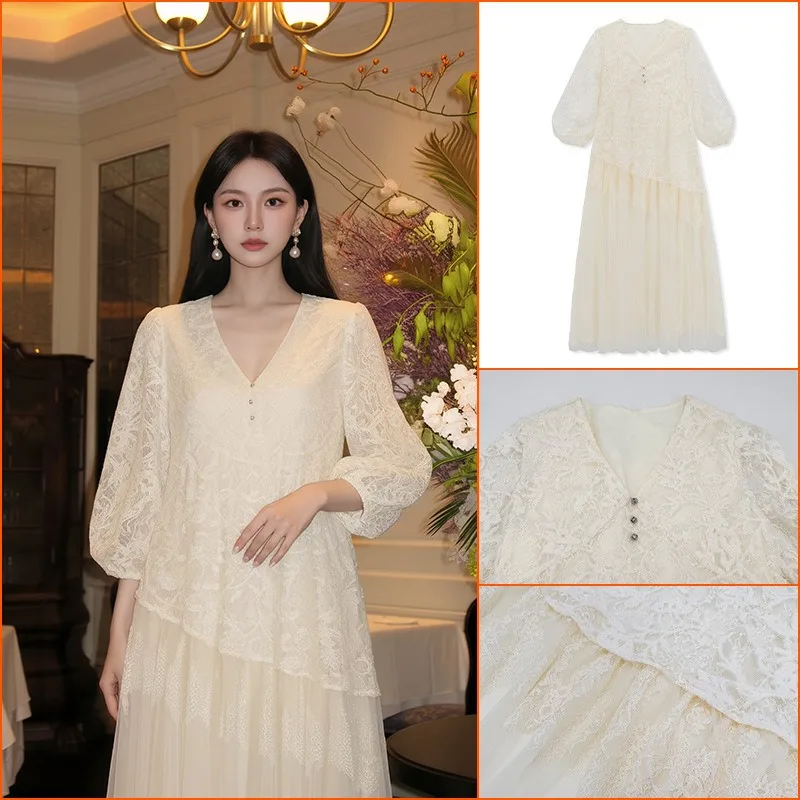 

Early Spring National Style New Skirt Chinese Flower Lace Lantern Sleeve Dress