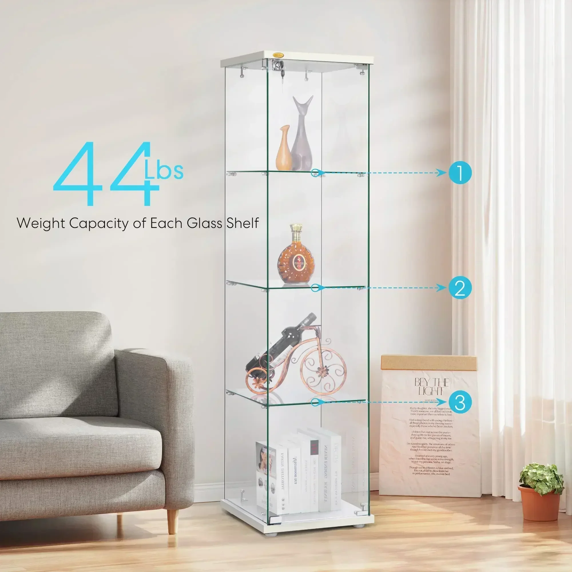 

VIVOHOME 4-слойная стеклянная витрина 15,7 дюйма x 15,7 дюйма x 62,6 дюйма, столешница, витрина с замком, закаленное стекло 5 мм, МДФ B