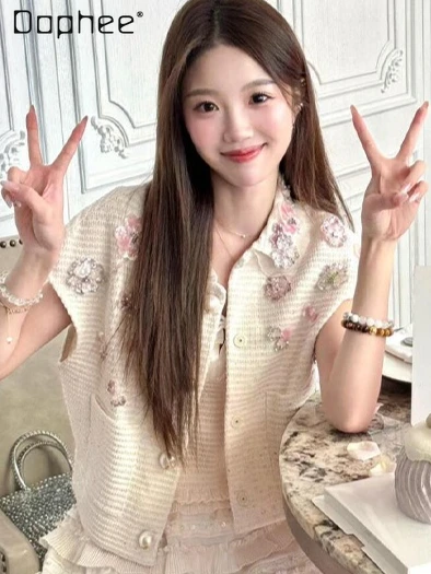 

2025 Summer New Sweet Three-dimensional Flower Beads Heavy Industry Vest Jacket Fashion Temperament Short Sleeve Lapel Cardigan