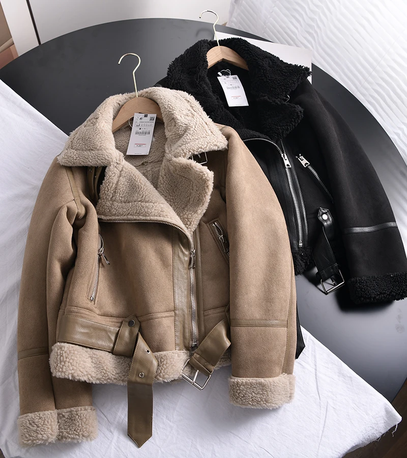 Winter Thick Parka Warm Suede Lamb Fur Jacket Women Faux Shearling Sheepskin Leather Jackets Outwear Short Motorcycle Biker Coat