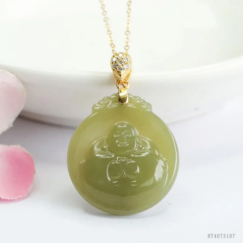 

S925 Silver Hugging Buddha Pendant Natural Hetian Jade Aqua Necklace HT4073107