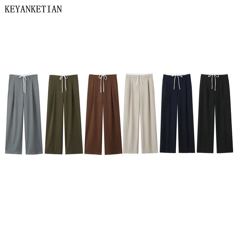 

KEYANKETIAN 2024 New Launch Women's Casual Wide-Leg Pants Unisex style Contrast Color Drawstring Elastic Waist Long Trousers