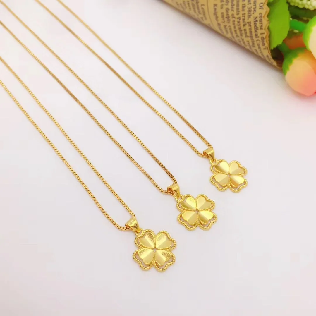 Real 18K Gold Color Lucky Clover Pendant Necklace for Women Men Fine Jewelry Genuine Solid Gold for Women Wedding Luxury Jewelry