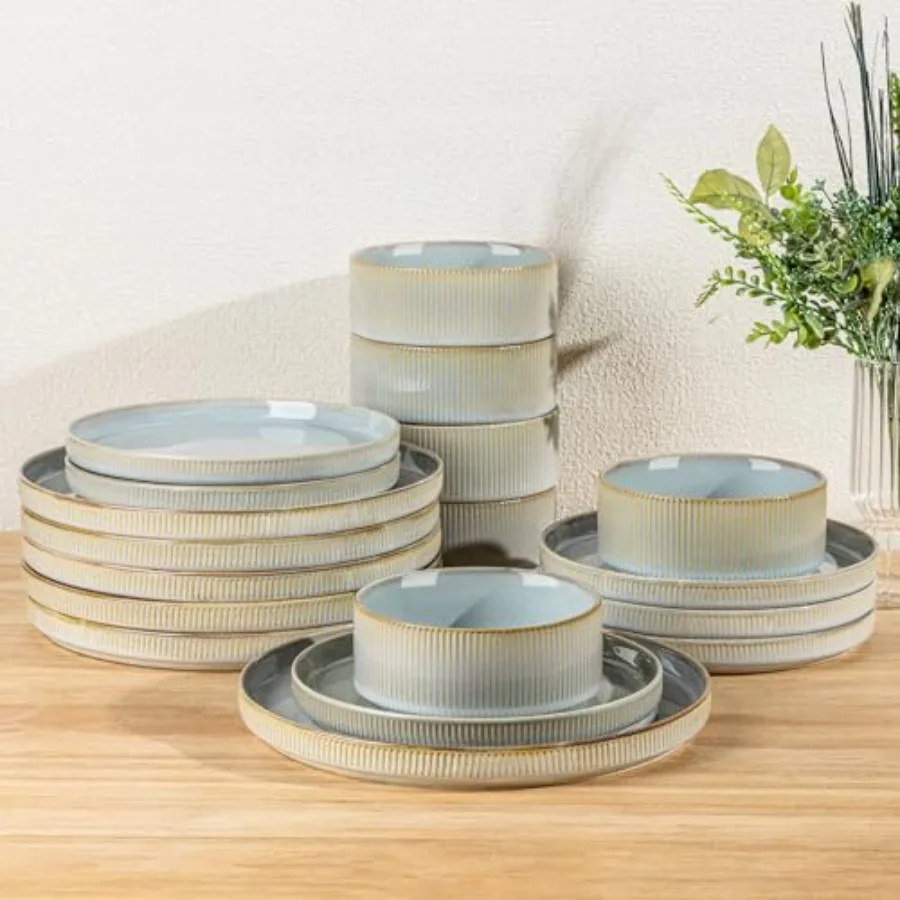 

Наборы керамической посуды на 6, 18 предметов, фарфоровые легкие наборы тарелок и мисок с крапками, устойчивый к царапинам набор посуды, духовка и