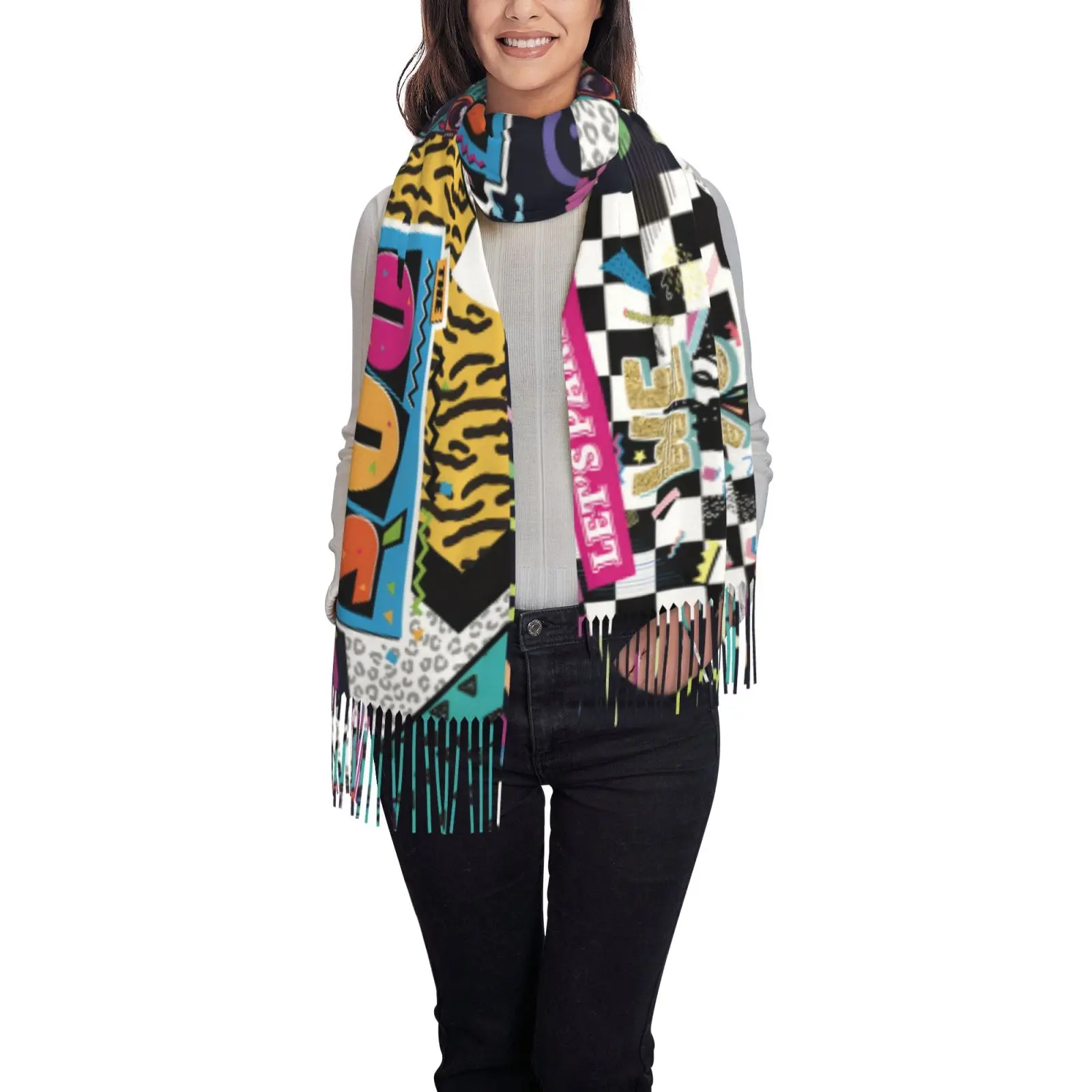 90s Retro Graffiti Checkerboard Print Fringe Shawl Scarf Women Colorful Hip Hop Lightweight Wrap Cape