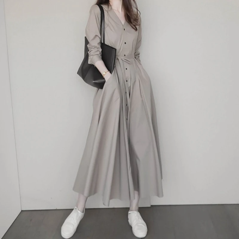 

Women Solid Dresses Long A Line Dress Button Long Sleeve V Neck Lace Up Empire Cinched Waist Loose Fit Casual 2025 Spring Autumn