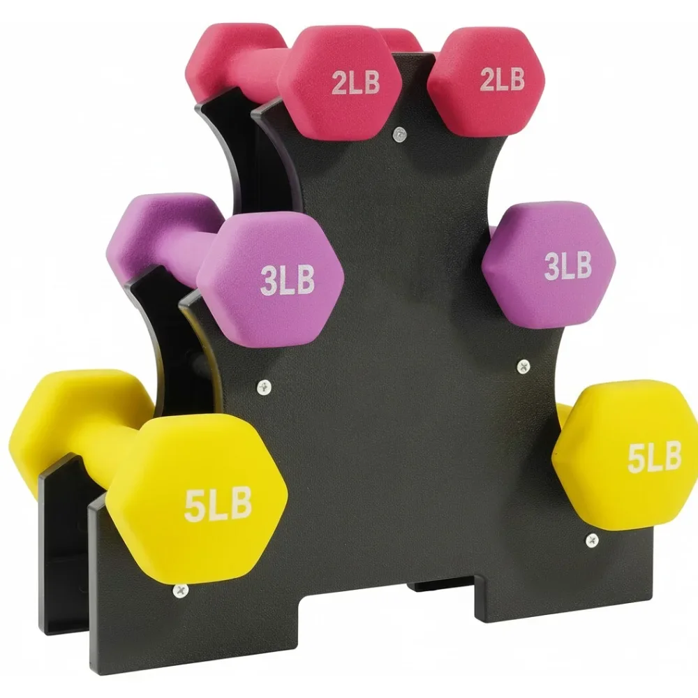 Juego de mancuernas de neopreno con código de color con estante de almacenamiento, múltiples pesos para entrenamiento físico en el gimnasio en casa