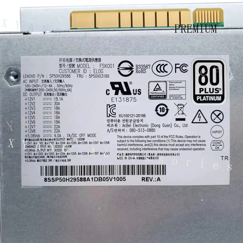 N+ New Original For Lenovo P520 P620 P720 1000W Power Supply 5P50V03189 5P50V03173 5P50V03211 FSK001 DPS-1000AB-12 A 100% Tested
