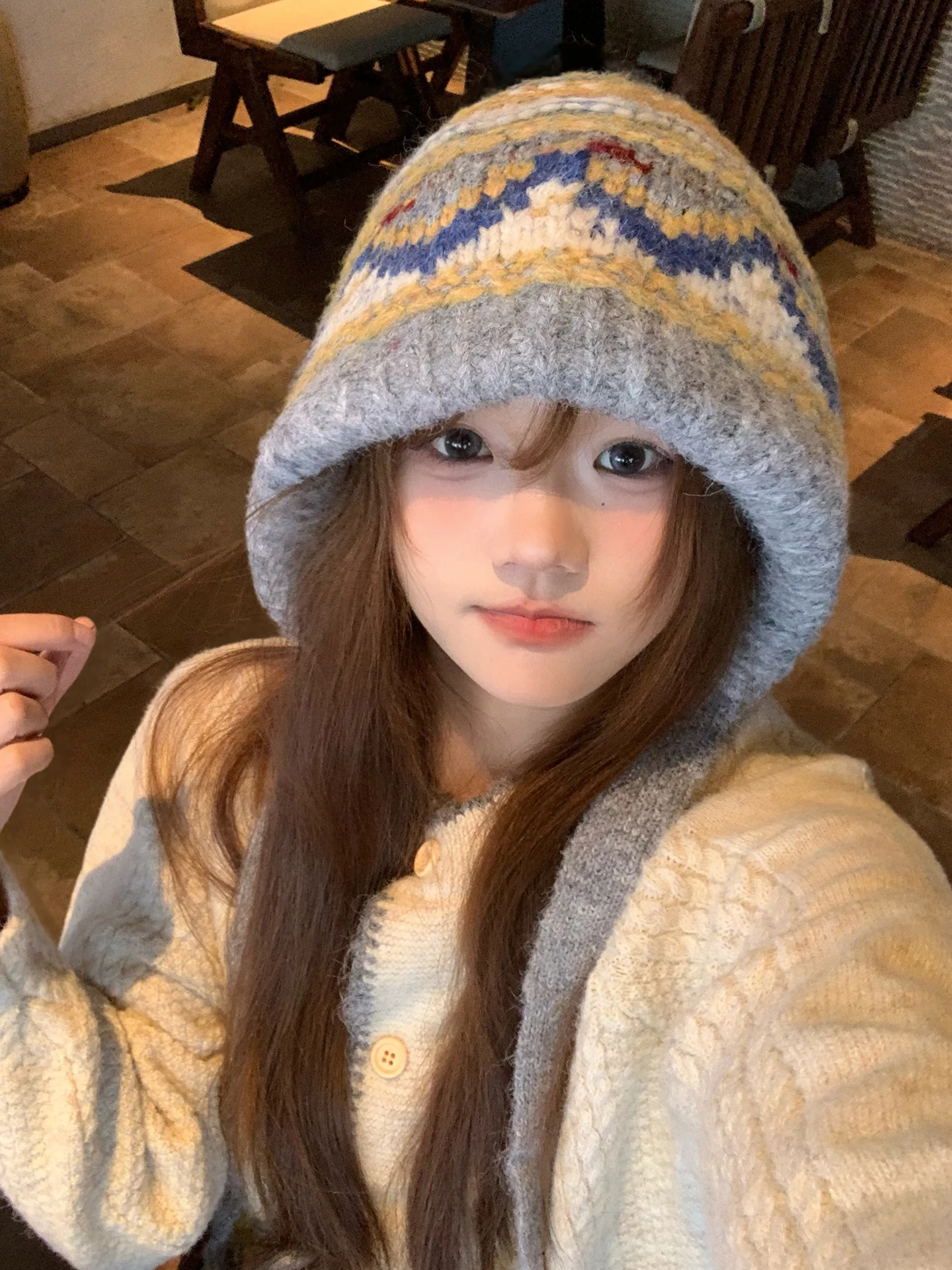 Retro Knitted Hat Women's Autumn Winter Warmth Woolen Scarf Hat Lazy Style Ear Protection Non-Adjustable Foldable Cap