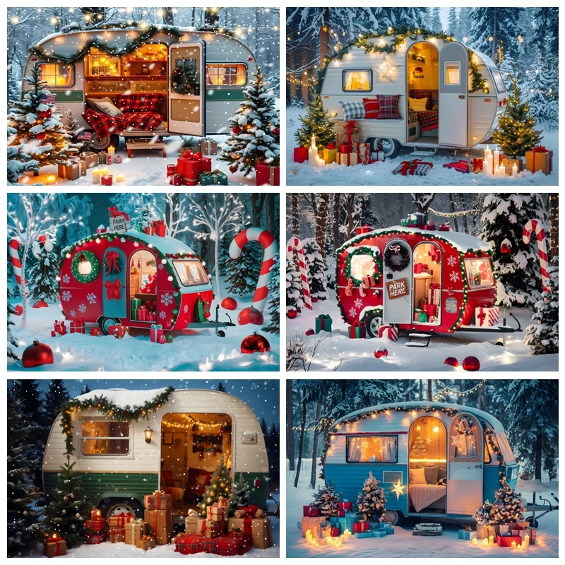 

Snowy Bus House Christmas Party Backdrop Camping Forest Car Baby Family Portrait Photography Xmas Trees Background Photo Studio