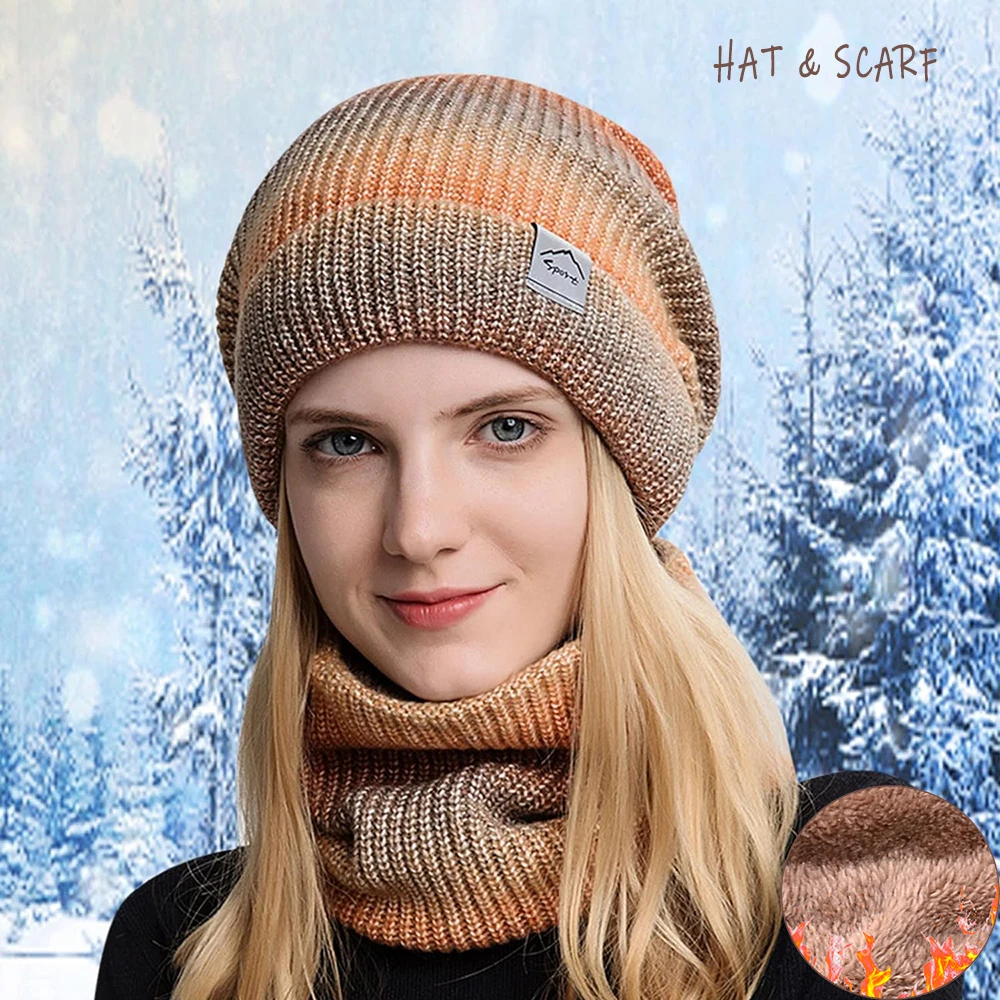 Conjunto de gorro y bufanda de invierno para mujer con forro polar, calentador de cuello suave, gorro de punto holgado para mujer, Color degradado