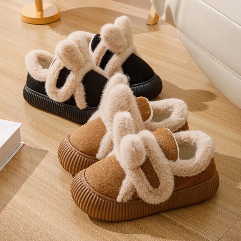 

Women Winter Fluffy Slippers Indoor Warm Shoes Cute Cartoon Ear Soft Fur Anti-slip Female Home Street Daily Walking Cotton Shoes