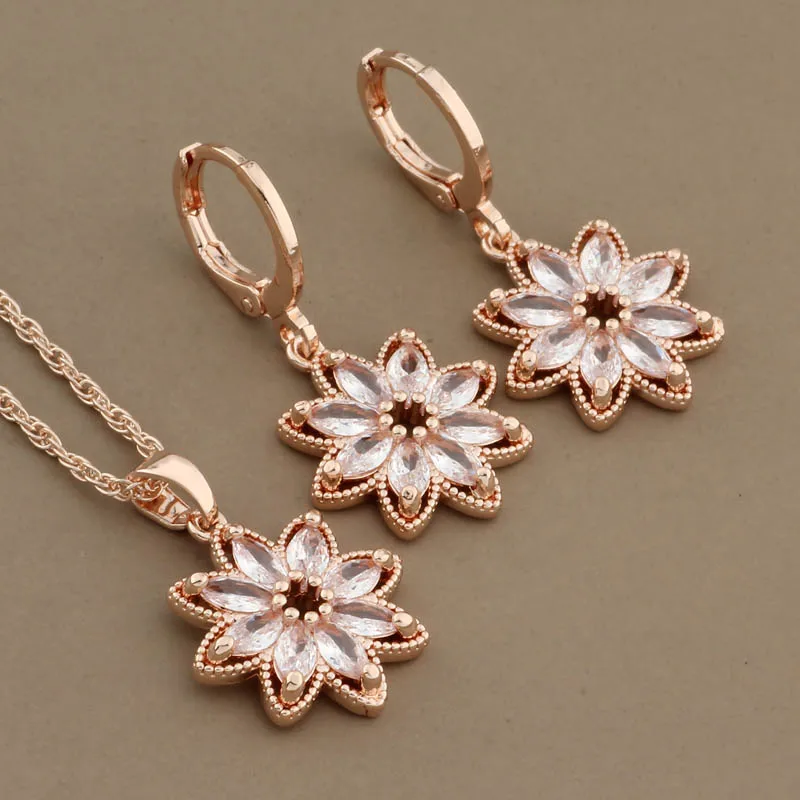 New Trend Earrings 585 Rose Gold Color Hanging Earrings Stes for Women Fashion High Quality Natural Zircon Flower Jewelry Set