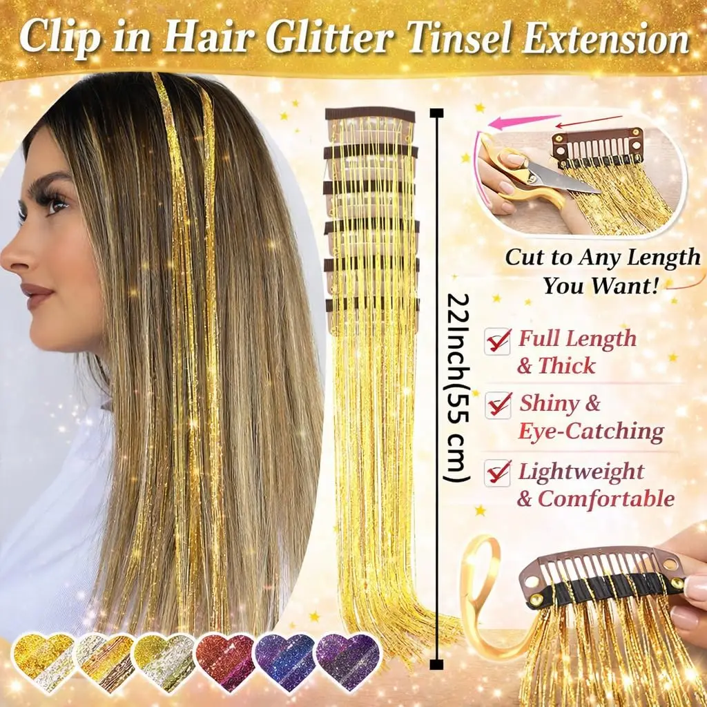 Haar-Glitzerstreifen, 12 Stück, glänzendes Metallband, Clip, Perückenstück, Glitzerband im Haar, Party-Fokus, zartes, auffälliges Geschenk, synthetisch – Detail 2