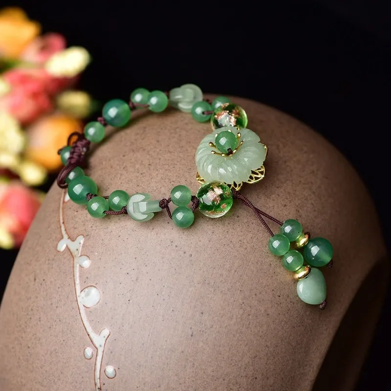 Retro Natural Green Jade Dongling  Flower Adjustable Bracelet Charm Jewellery Fashion Hand knitted Amulet Gifts Women Bangle