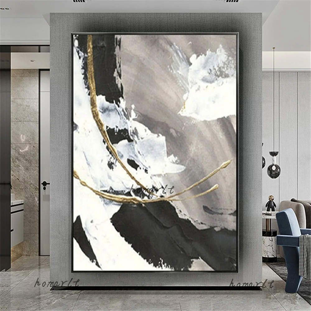 

100% Handmade Modern Abstract Black Oil Paintings On Canvas Grey Gray Painting Wall Art Pictures Decor Living Room Home Mural