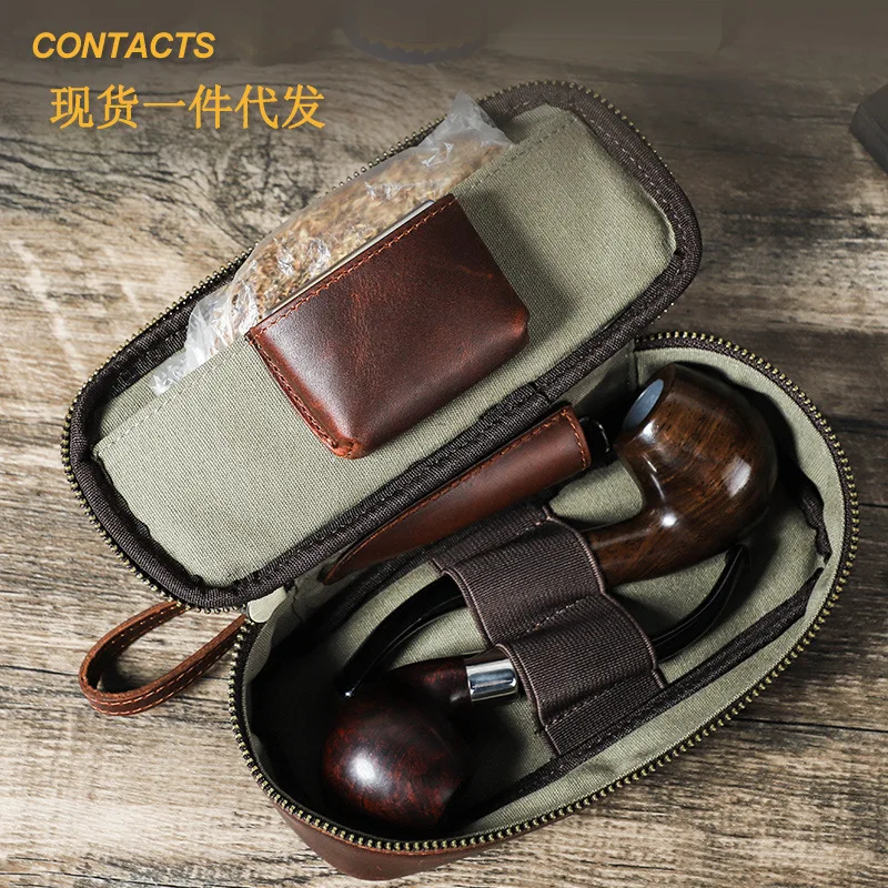 Portable Genuine Leather Tobacco Pipe Bag Hold Two Pipes Cigarette Holder Smoking Wallet Bag
