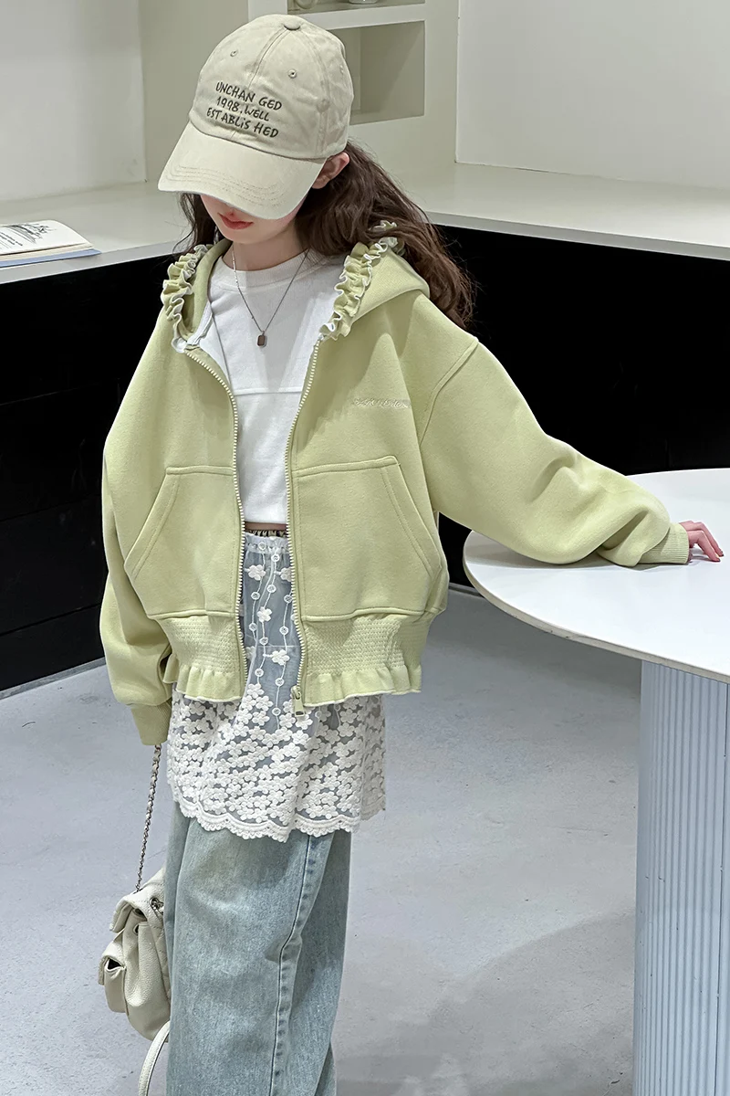 Mädchen Kapuzenpullover Frühling Herbst 2026 Neuer Stil Süßer Niedlicher Rüschenbesatz Reißverschluss-Mantel mit Taschen Kinderkleidung – Detail 5