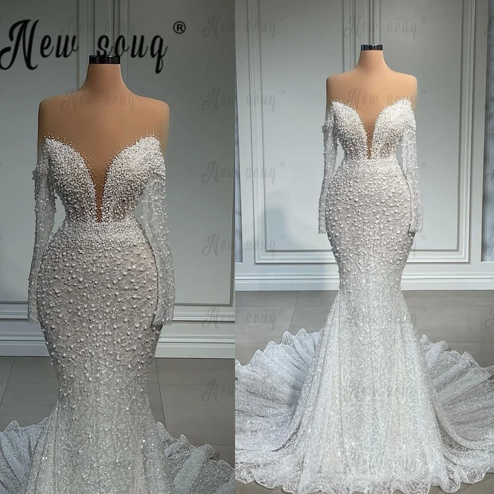 Elegante vestido de novia de manga larga con cuello de ilusión de perlas para mujer, vestidos de fiesta de boda formales, vestidos de novia con cuentas de lujo, Dubai