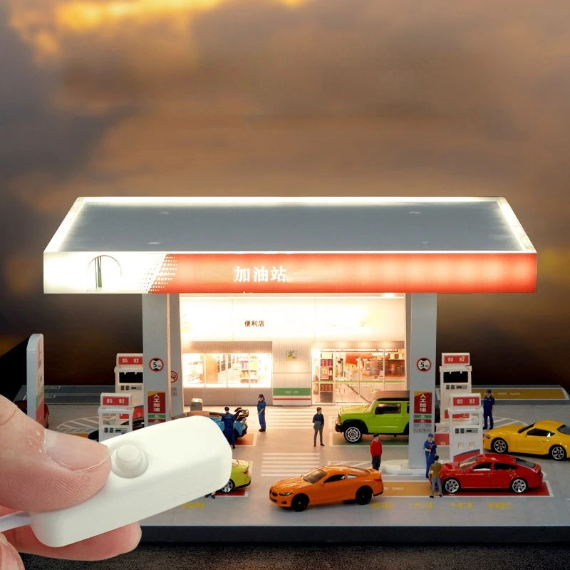 1/64 Scale Diorama Car Garage Model LED Lighting City Gas Station Backdrop Display Scene Model Collection Toy Gift