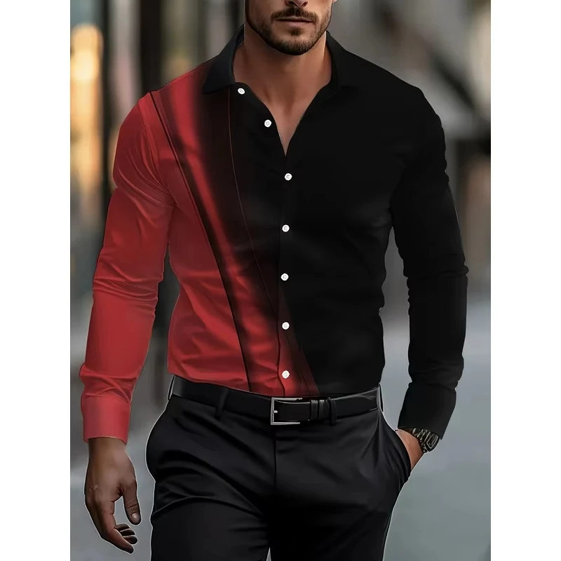 Men's Color Block Print Shirt Business Casual Long Sleeve Button Down Formal Contrast Print Shirt Men Fashion Top
