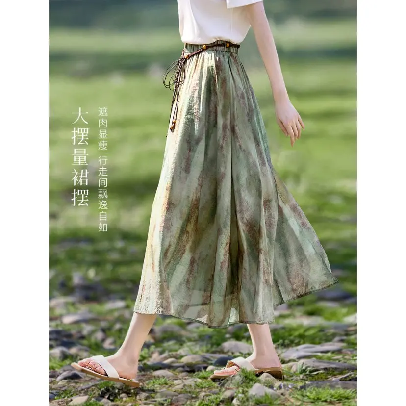 

New Fashion Ink Printed Summer Skirt Women Casual Elastic High Waist A-line Midi Skirts Holidays Beach Wear with Belt
