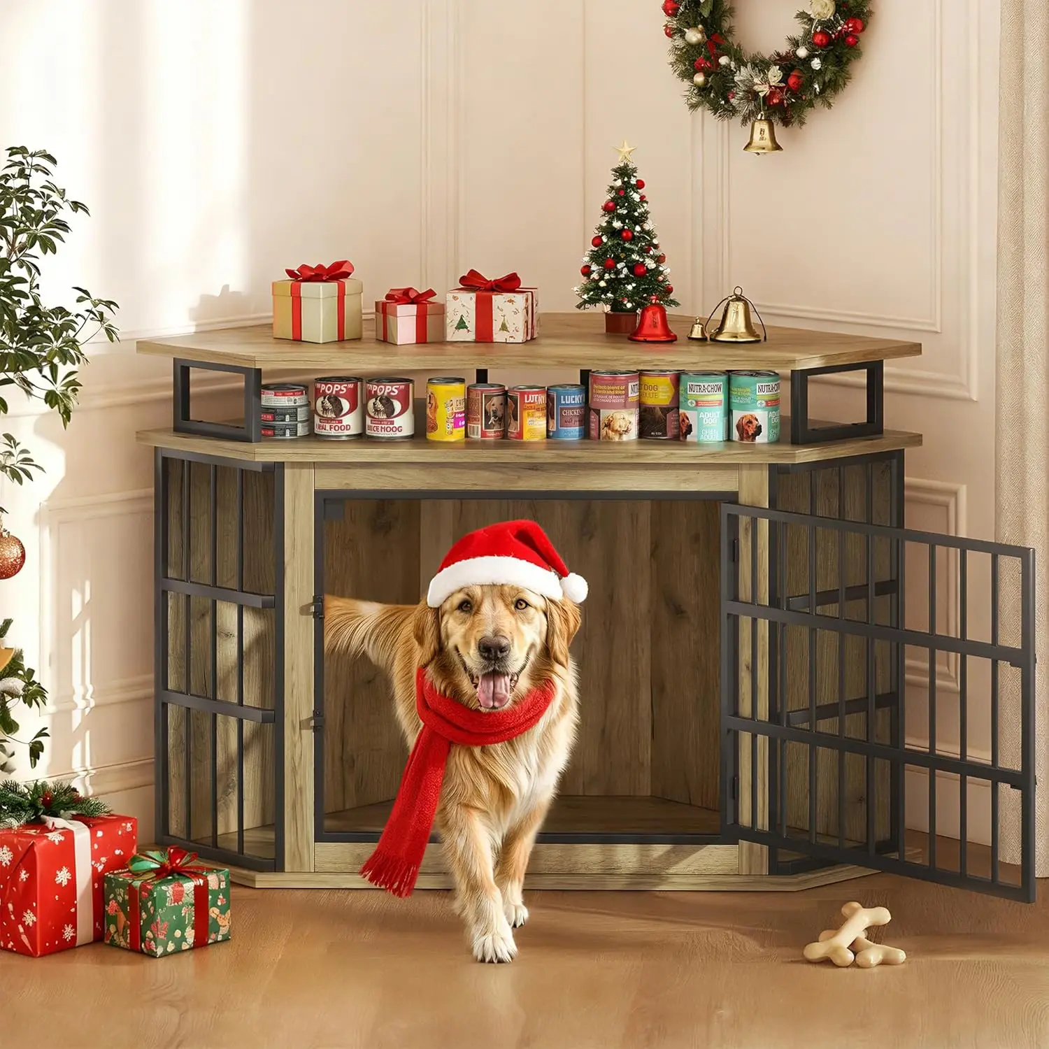 قفص كلب زاوية مقاس 51 بوصة، بيت كلب خشبي كبير مع أرفف من طبقتين، بيت كلب خشبي مزخرف للأطفال الصغار/المتوسط