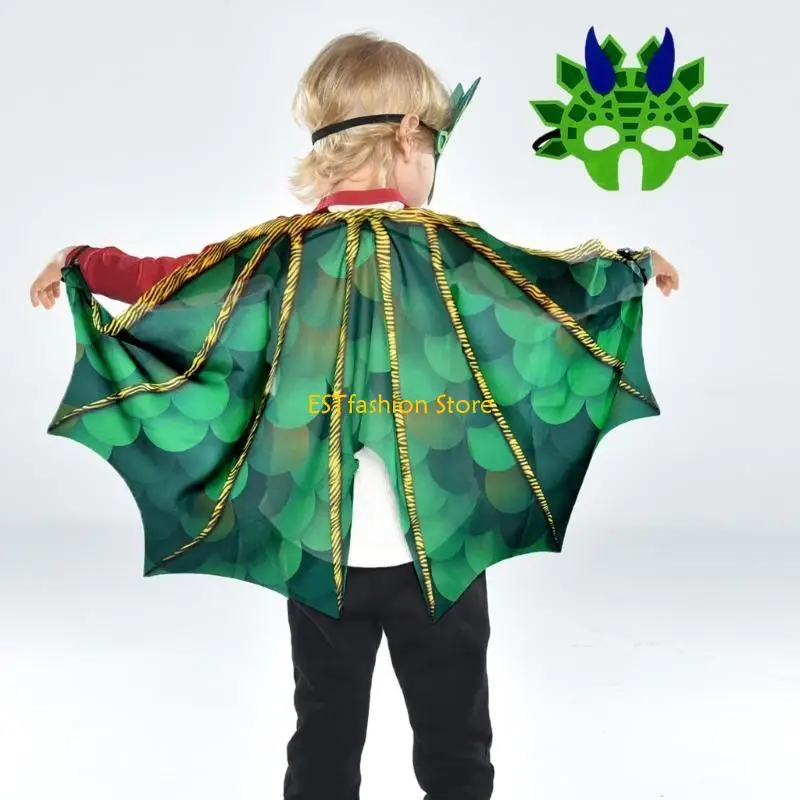 Y5GC Kids Dinosaur Costume Includes Dinosaur Wing Cloak Dinosaur Mask Halloween Dragon Cosplay Accessories for Kid Role Play