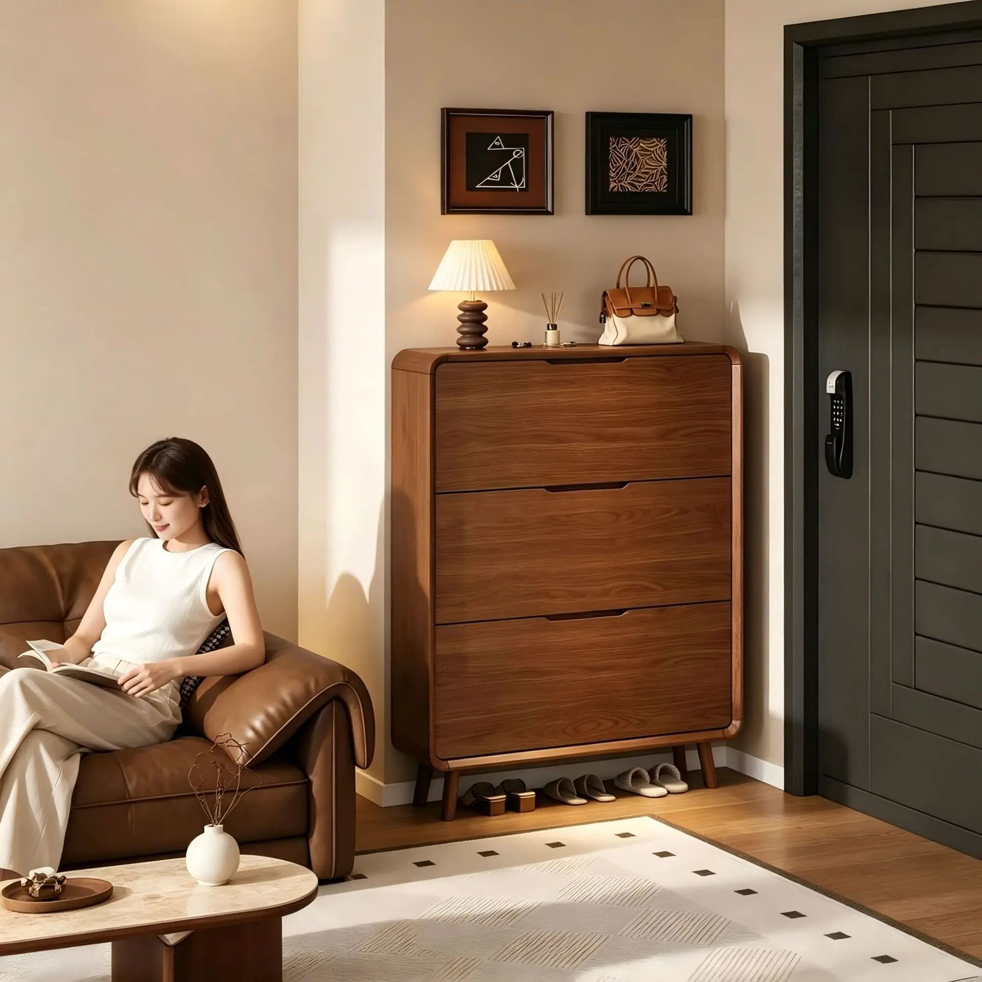 Solid wood shoe cabinet, home ultra-thin narrow cabinet, light luxury and high-end feel, large capacity