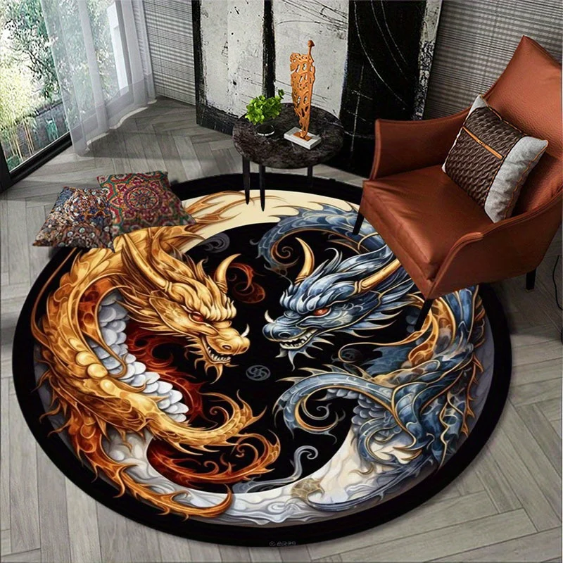 Round Dragon Pattern Non-Slip Area Rug, Anti-Shedding Polyester Carpet for Office Bedroom Porch, Washable Indoor Decor Mat