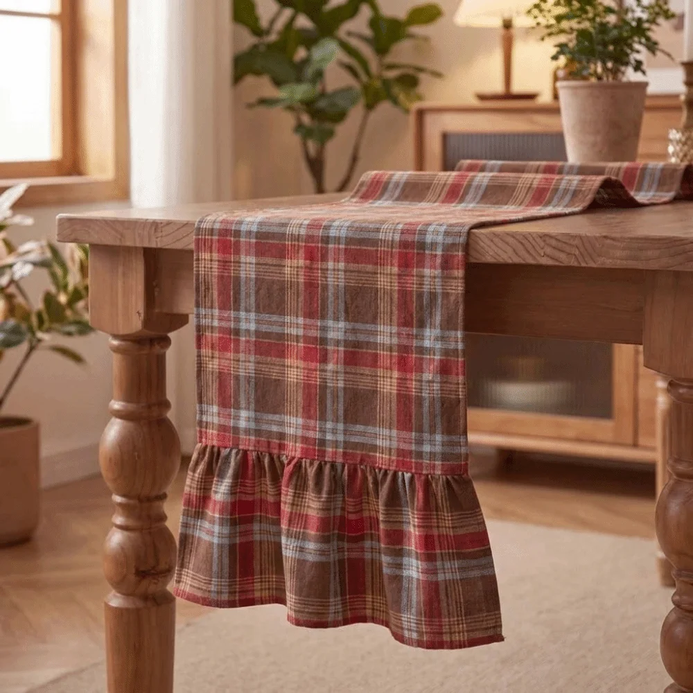 Double Ended Lotus Leaf Edge Christmas Table Runner Washable Checkered Ruffle Edge Table Flag Rustic Style Vintage
