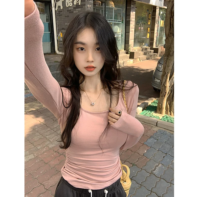 

Футболки с длинными рукавами, женские элегантные белые хлопковые топы, удобные дышащие футболки с рюшами по подолу в стиле ретро, зимние офисные повседневные работы