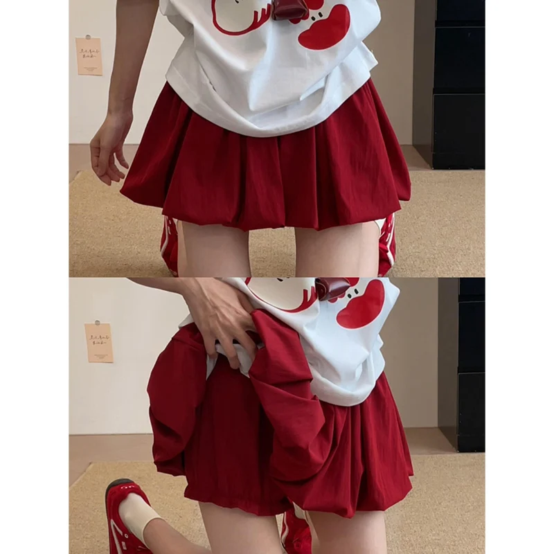 Women's Mini Skirt High Waist A-Line Slim Summer Skirt Women with Built-in Shorts for Petite Pleated Puff Hem Pink Skirt Female
