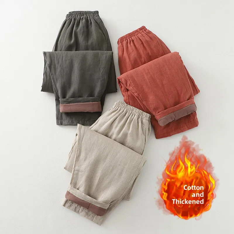 

Women's Winter Thiened Cotton Linen Loose Long Pants Lantern Pants Middle Waist Long Trousers Outerwear Non-Removable Inner
